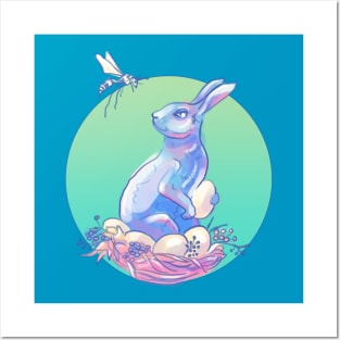 Cute Bunny with Easter Eggs in the nest of Flowers. Posters and Art